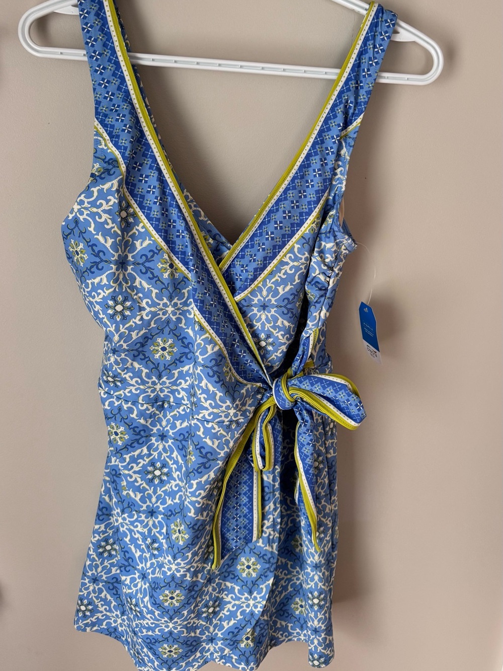 Lands' End Blue Patterned Wrap swimsuit with Tie